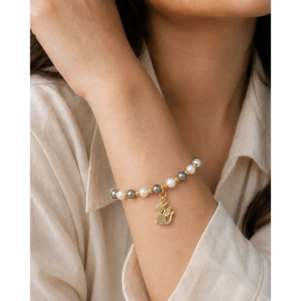 OOAK Handmade Dragon Charm Bracelet Grey-Green Ivory Faux Pearl Gold Beaded
